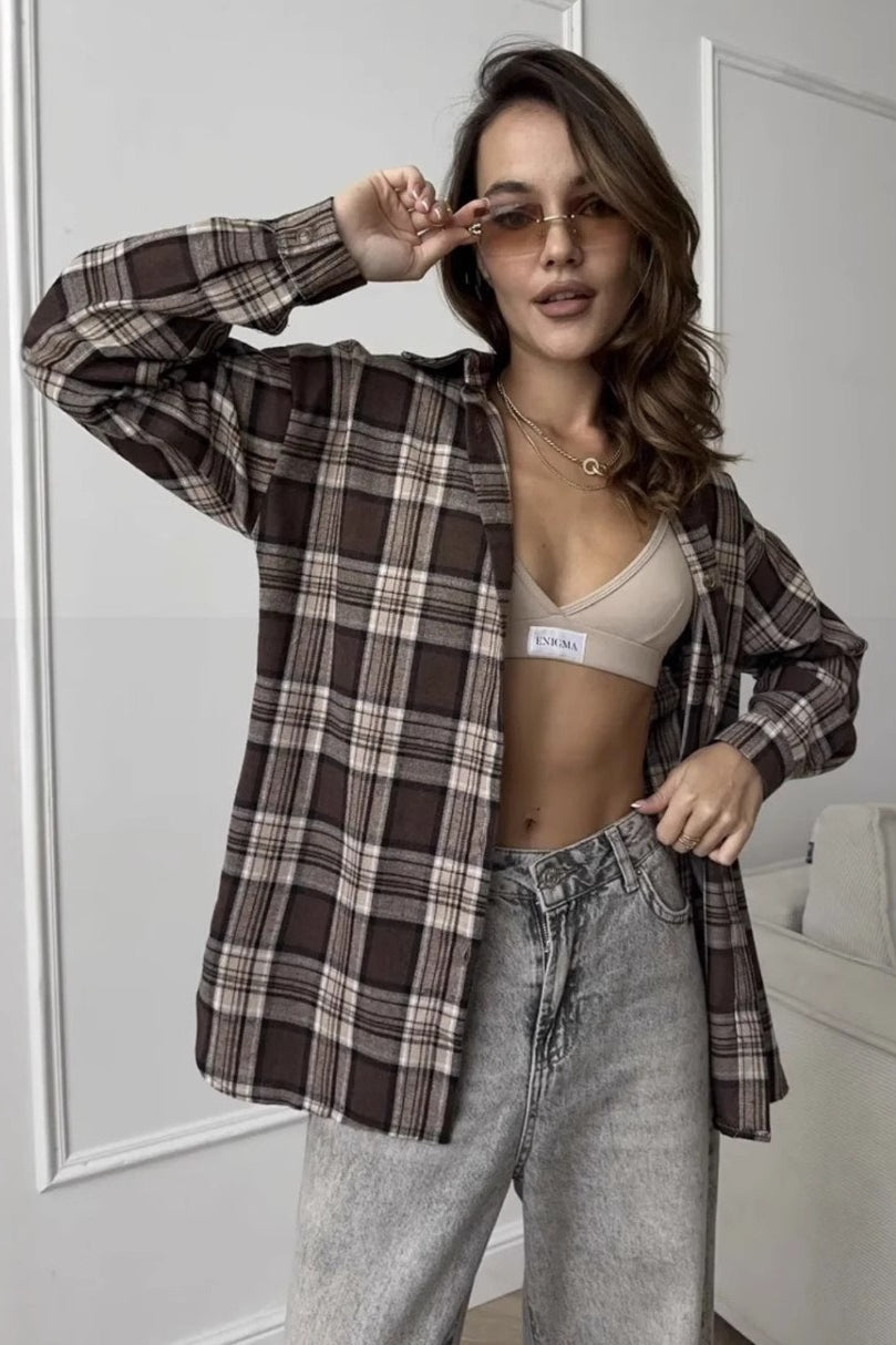 Long Sleeve Plaid Stripe Blouse