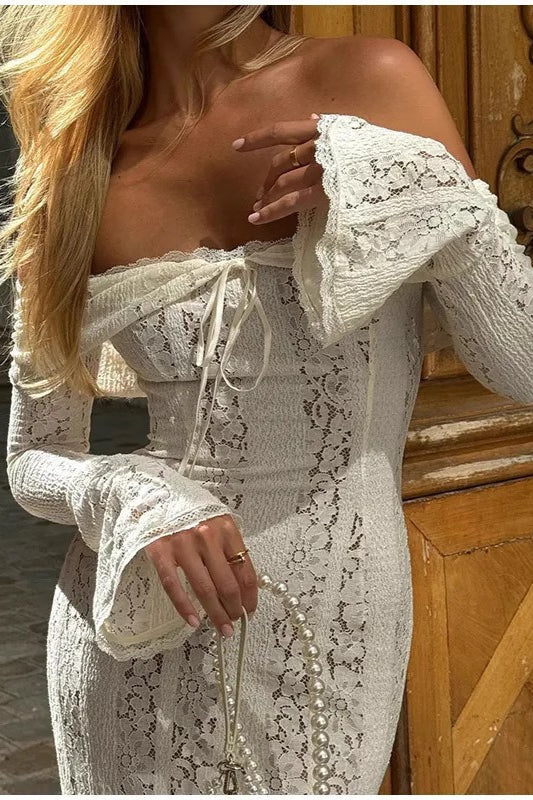 Off Shoulder Ruched Lace Flare Sleeve Bodycon Dress