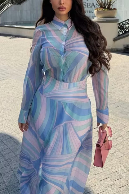 Gianna Chiffon Unique Print Button Long Sleeve Flare Hem Shirt Maxi Dress