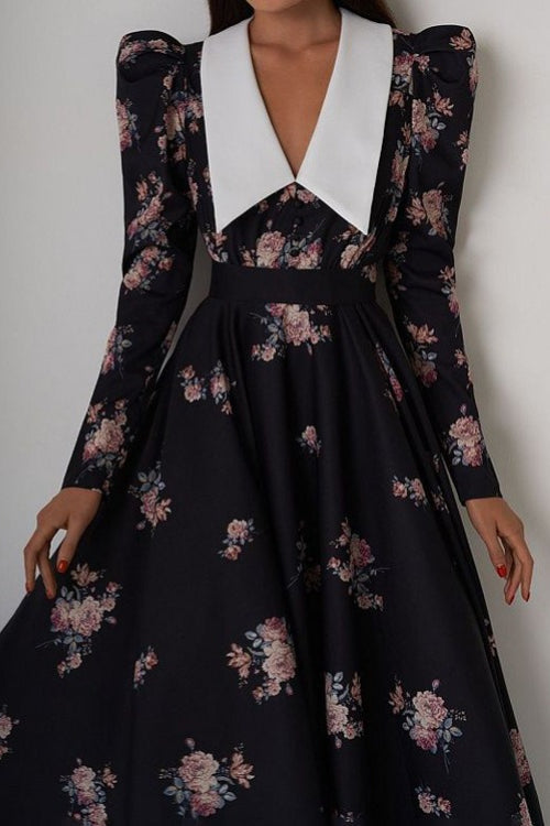Flared Vintage Print Slim Waist Floral Maxi Dress