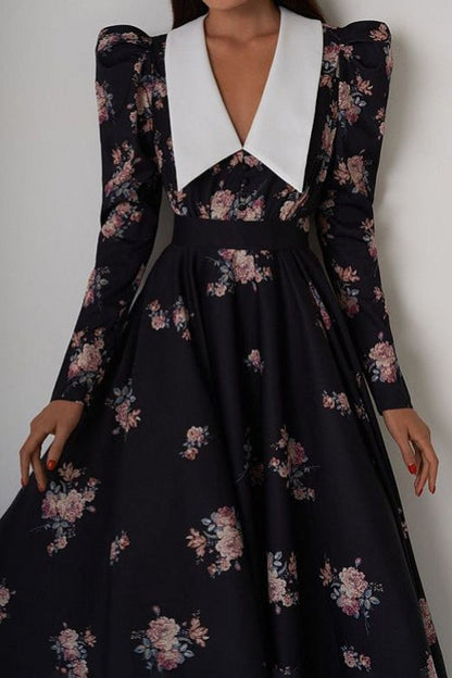 Flared Vintage Print Slim Waist Floral Maxi Dress