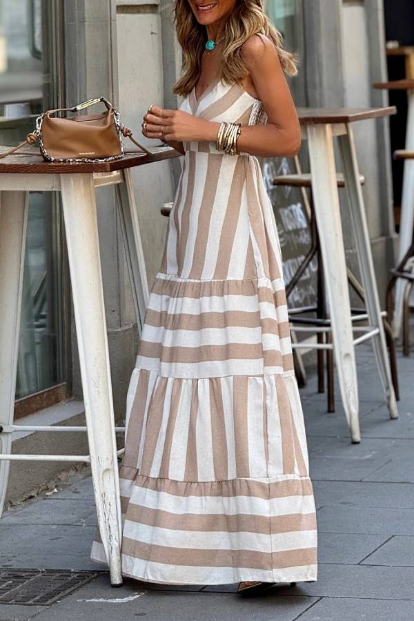 Spaghetti Strap V-Neck Striped Waist-Cinched Tiered Maxi Dress