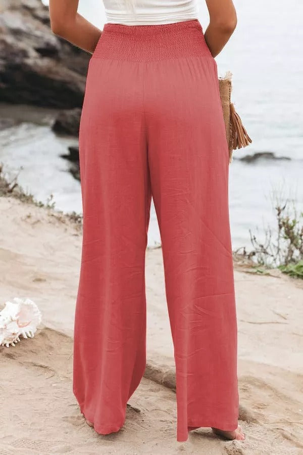 Fresh Air Linen Blend Pocketed Smocked Pants