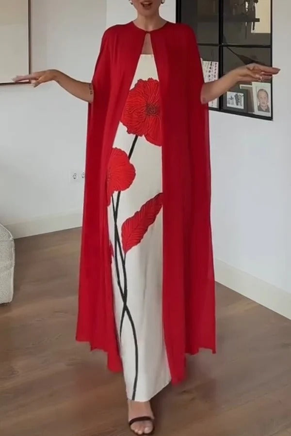 Elisabeth Floral Print Strapless Maxi Dress and Georgette Long Cape Two Pieces Set