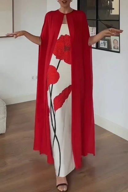 Elisabeth Floral Print Strapless Maxi Dress and Georgette Long Cape Two Pieces Set