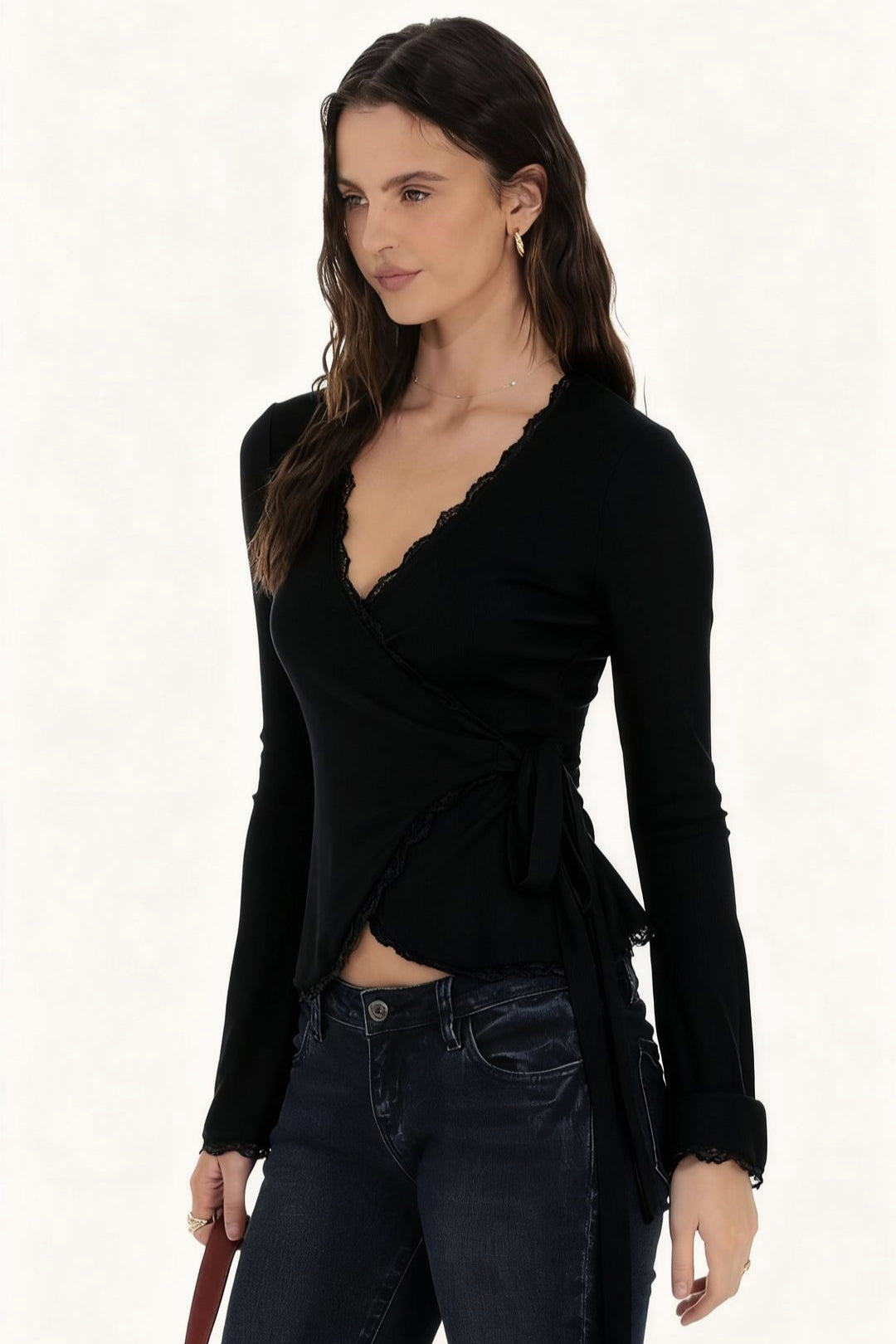 Lace Trim Wrap Tie Long Sleeve Tee