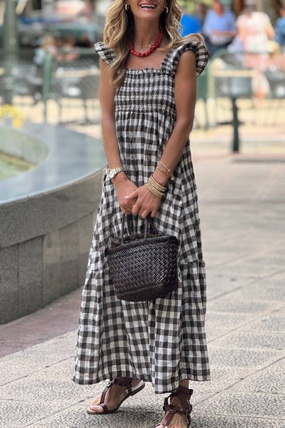 Black and White Gingham Square Neck Smocked Maxi Dress