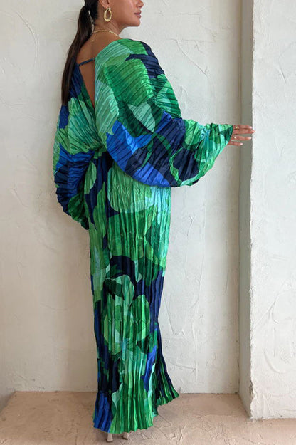 Abstract Floral Print Pleated Deep V-Neck Balloon Sleeve High Split Maxi Dress