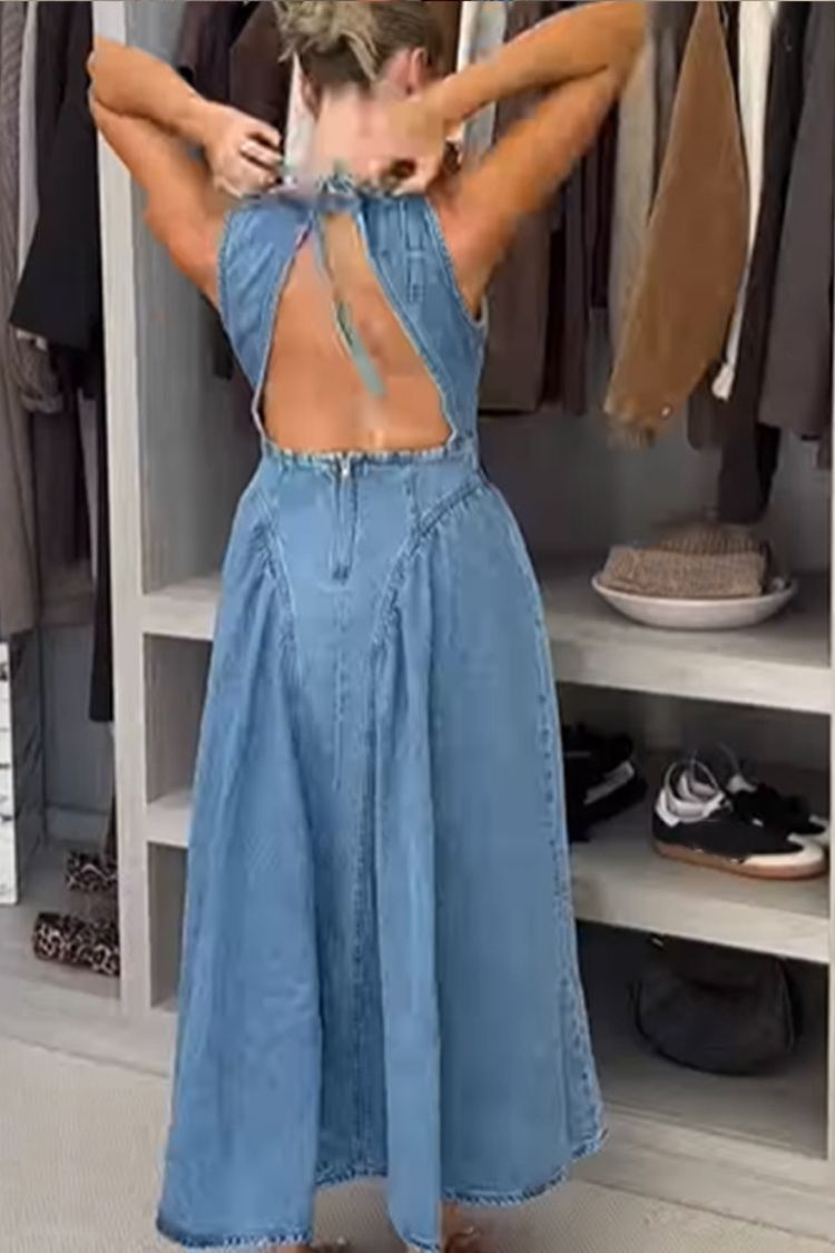 Classic and Stylish Denim Open Back Tie-up Gathered Hip Stretch Midi Dress