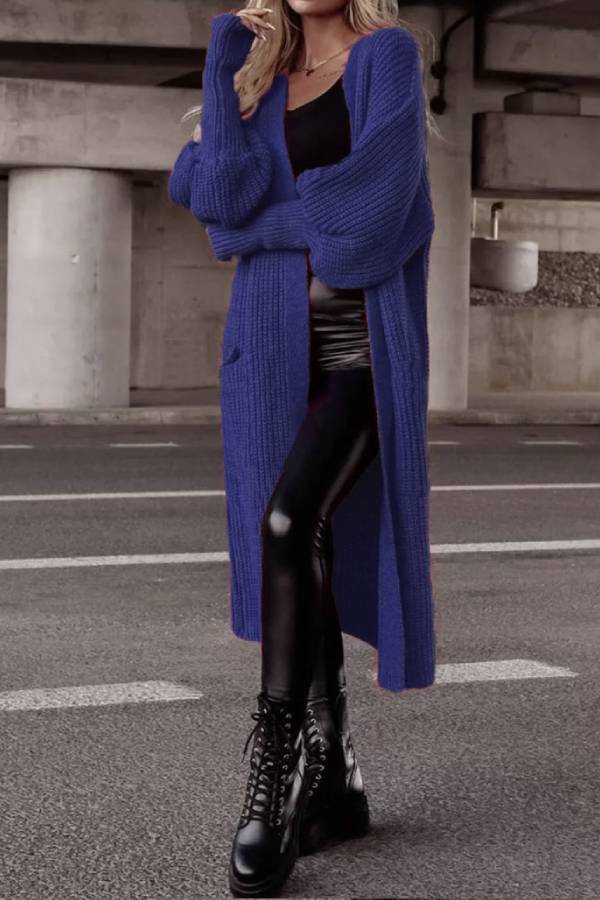 Lantern sleeve loose long knit cardigan