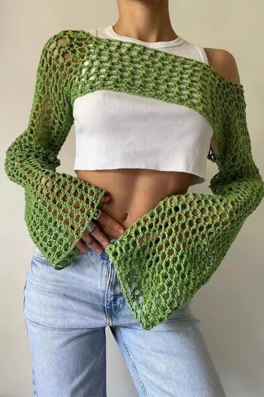 Solid Cutout Sheer Cropped Long Sleeve Crop Top