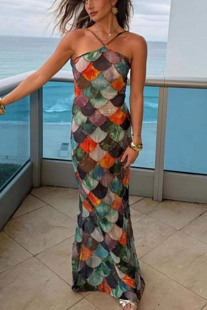 Little Mermaid Colorful Scales Print Halter Maxi Dress