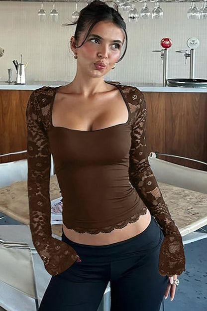 Lace Patchwork Sheer Slim Long Sleeve Tee