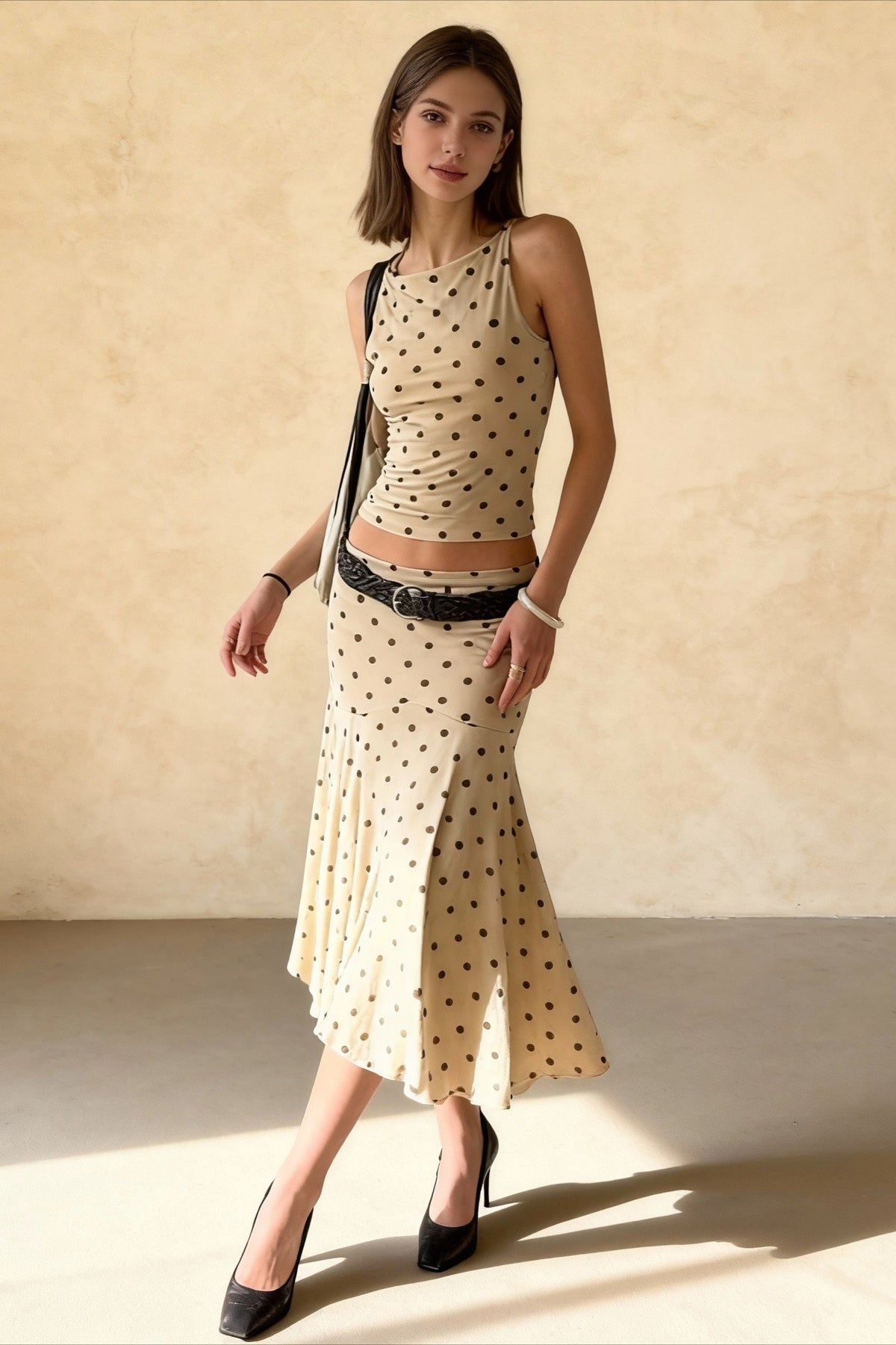 Polka Dot Ruched Maxi Two Pieces Set