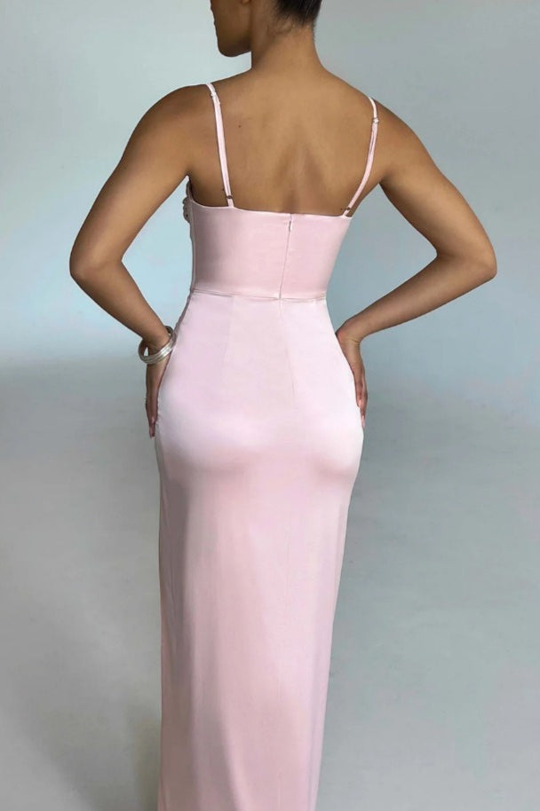 Halter Slit Waist Cinching Maxi Bodycon Dress