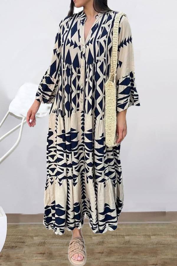 Geometric Tribal Print V Neck Gathered Tiered Maxi Vacation Dress