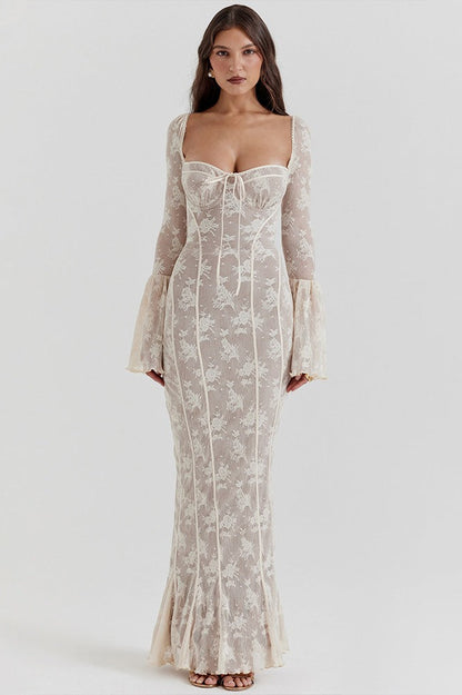 Lace Square Neck Milkmaid Tie Front Corset Seam Bell Sleeve Mermaid Maxi Dress