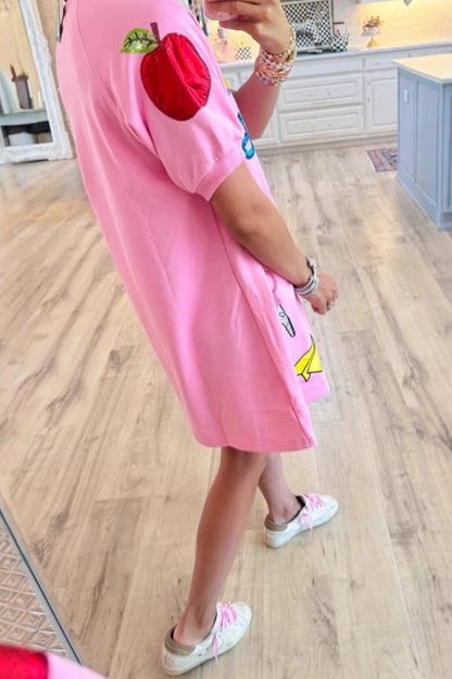 Cute Stationery Patch Pink Polo Short Sleeve Mini Dress