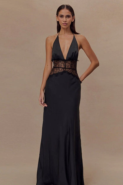 Lace V Neck Backless Cami Long Formal Dress
