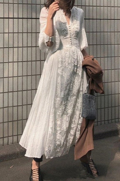 Vintage Lace Panel V-Neck Embroidered Boho Dress