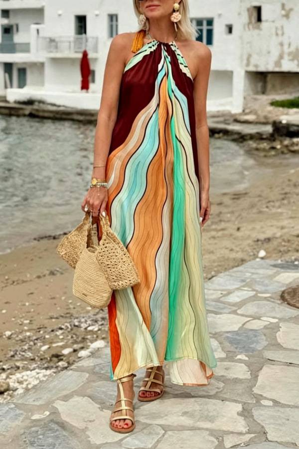 Santorini-inspired Backless Halter Neck Wavy Gradient Print Maxi Dress