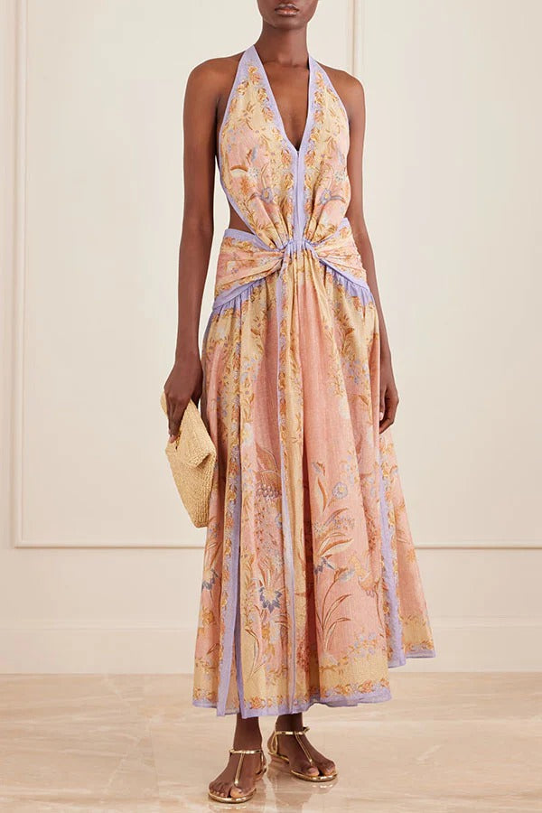 Chapel Linen Blend Floral Print Cutout Tie-up Waist Pocket Halter Backless Maxi Dress