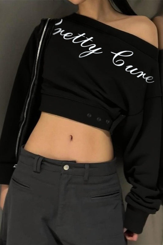 Script Print Off Shoulder Cropped Tee
