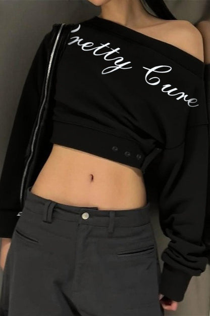 Script Print Off Shoulder Cropped Tee