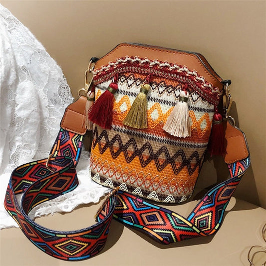 Bolso Bandolera con Diseño de Borlas, Estampado Étnico y Retales, Estilo Casual y a la Moda