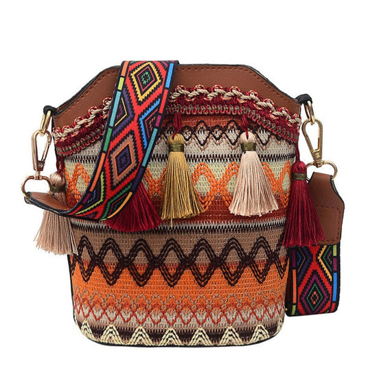 Bolso Bandolera con Diseño de Borlas, Estampado Étnico y Retales, Estilo Casual y a la Moda