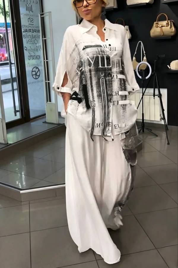 Street Style Graffiti Print Button Half Sleeve Blouse and Elastic Waist Pocket Wide Leg Pants Set
