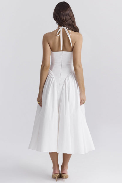 Halter Neck Deep V-Neck Drop Waist Fit and Flare Maxi Dress