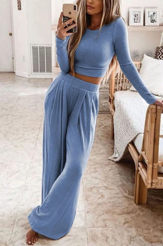 Elegante Sólido Sin Cinturón Cuello Redondo Manga Larga Dos Piezas (4 Colores)