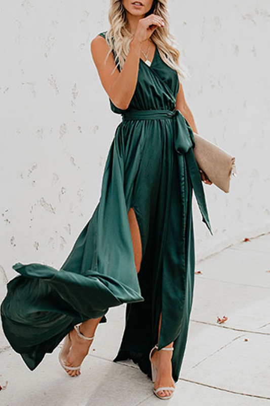Vestidos casuales bohemios lisos de cuello en V con abertura alta y cinturón (3 colores)