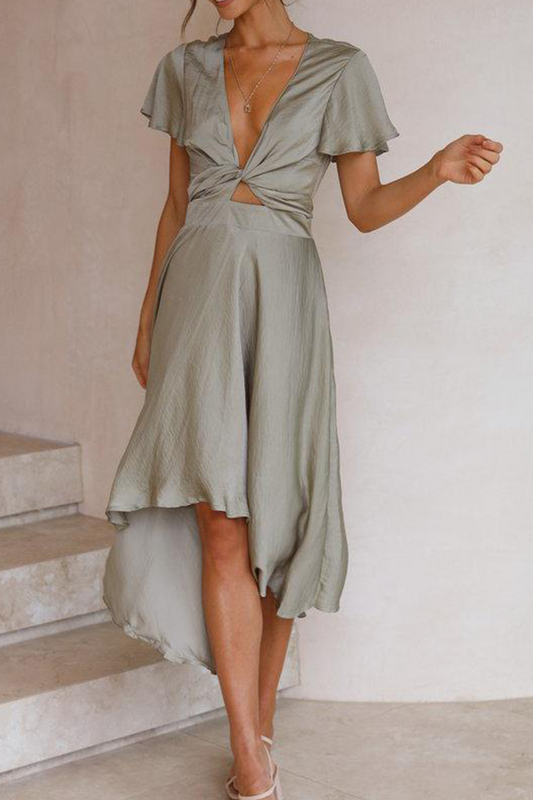 Vestidos maxi elegantes con cuello de pico, nudo sólido y cinturón irregular