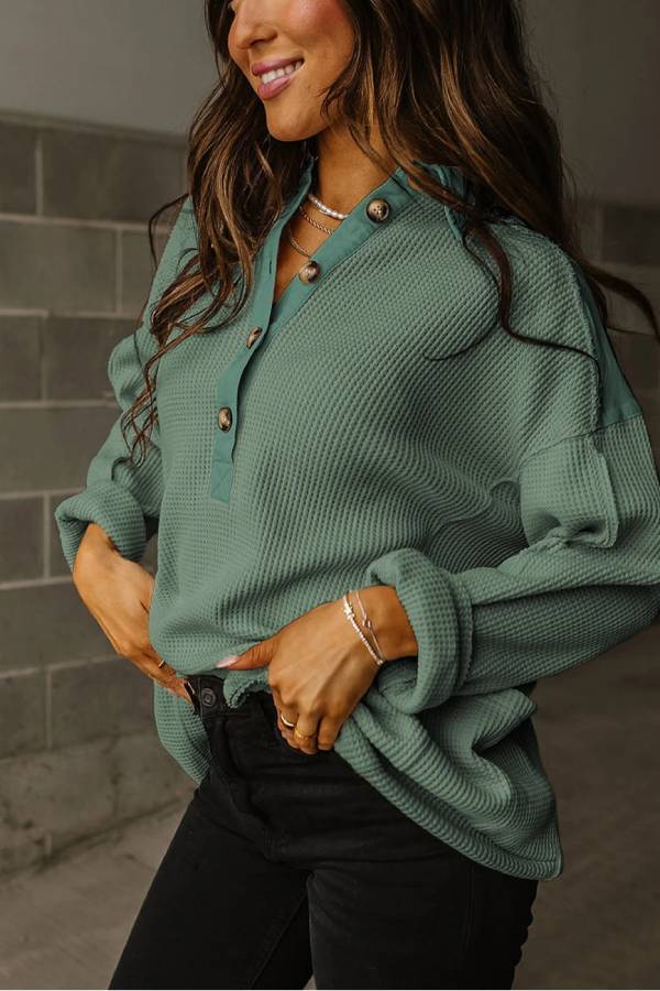 Smoke Green Waffle Patchwork Drop Sleeve Henley Top