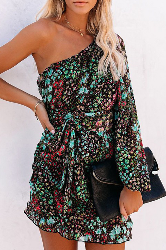Vestidos de cuello oblicuo de línea A con cinturón floral elegante de calle