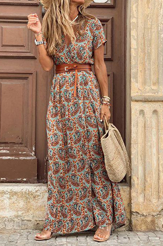 Vestidos de línea A con escote en V, estampado elegante, abertura y sin cinturón (7 colores)