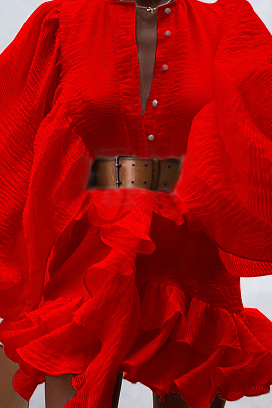 Vestidos Elegantes con Hebilla y Volantes Lisos con Cinturón y Cuello Redondo en Línea A (3 Colores)