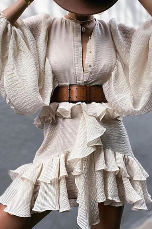 Vestidos Elegantes con Hebilla y Volantes Lisos con Cinturón y Cuello Redondo en Línea A (3 Colores)