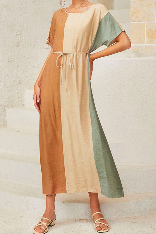 Vestidos con cinturón de color liso informal y cuello en V de contraste