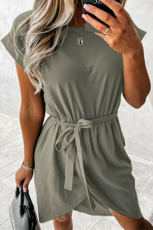 Vestidos casuales sólidos con abertura y cinturón, cuello redondo, corte en A