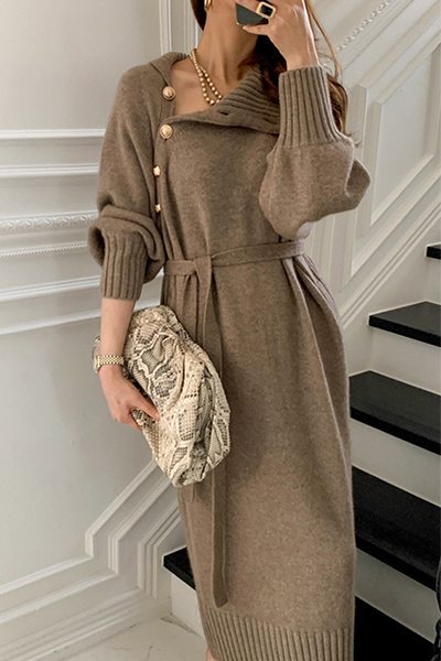 Vestidos de cuello alto con hebilla maciza, elegantes e informales, con cinturón (3 colores)