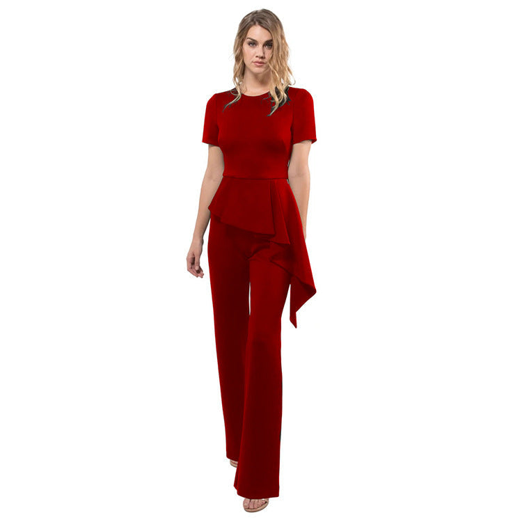 Summer Women Clothing Short Sleeve Lotus Leaf Jumpsuit Women Tight Trousers
