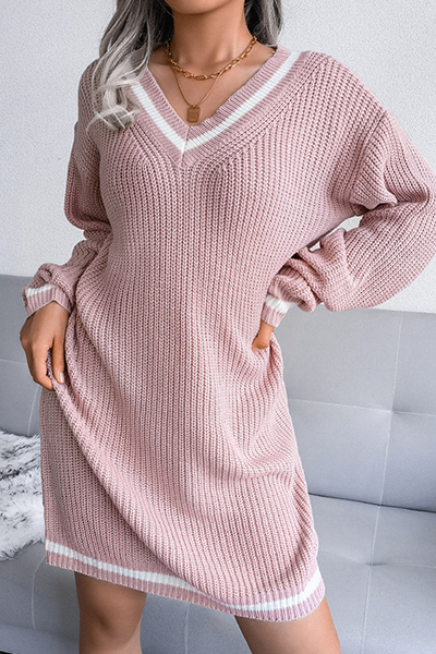 Vestido casual de punto tipo suéter a rayas con cuello en V, corte en A y empalmes a contraste (sin cinturón)