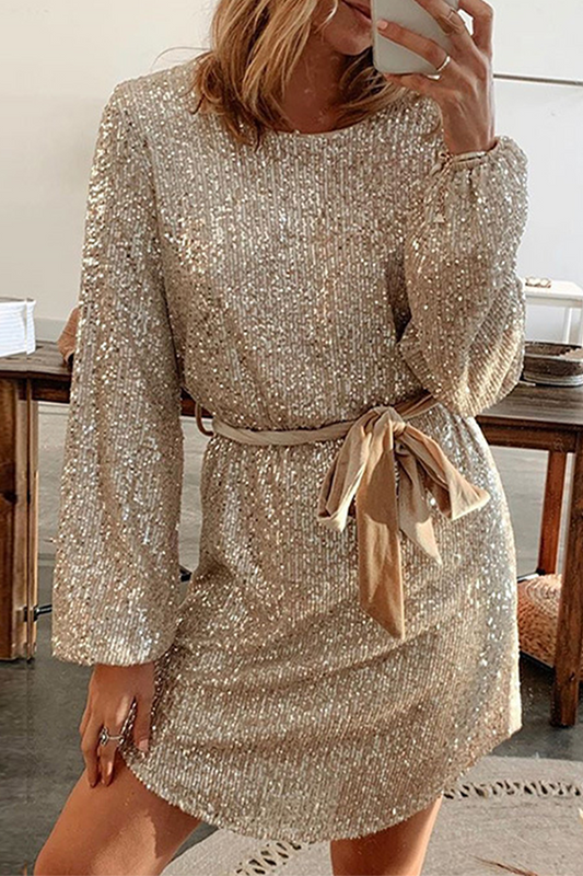 Vestidos elegantes de lentejuelas con cuello redondo y corte en A, color liso, con cinturón