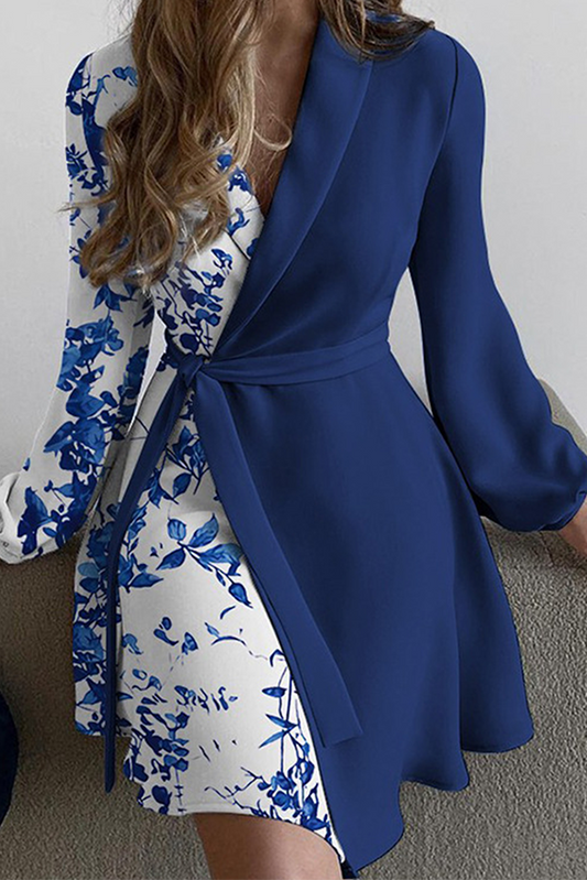 Vestidos de línea A con cuello vuelto, estampado de moda, patchwork liso con cinturón (5 colores)