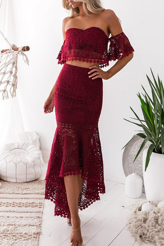 Elegante conjunto de dos piezas sin espalda, sin tirantes, de manga corta, con calados sólidos (3 colores)