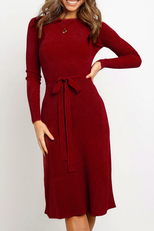 Vestidos casuales lisos básicos con cinturón y cuello redondo