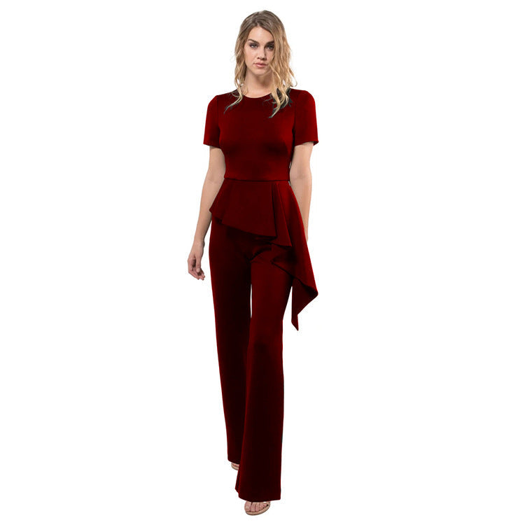 Summer Women Clothing Short Sleeve Lotus Leaf Jumpsuit Women Tight Trousers